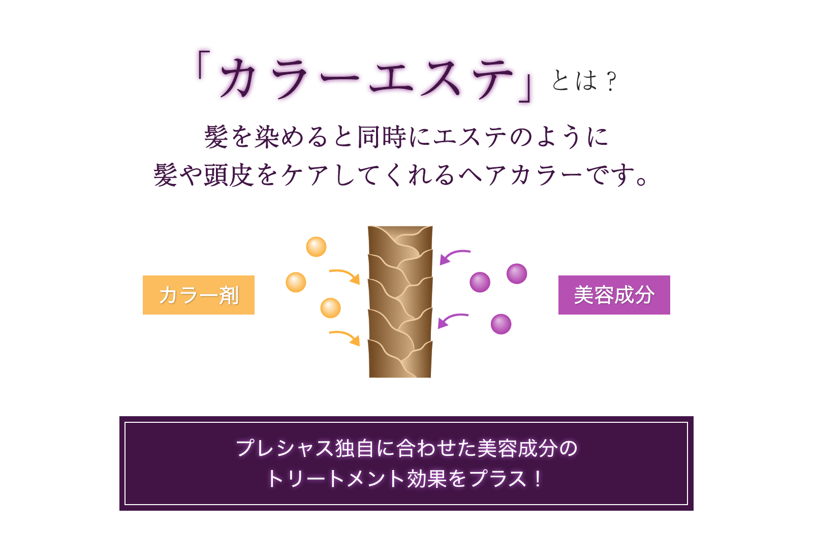 カラーエステとは、髪を染めると同時にエステのように髪や頭皮をケアしてくれるヘアカラーです